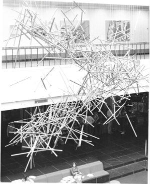 A 1967 photograph features the Plumb-Bob, a sculpture that became an iconic piece of SIUE history.