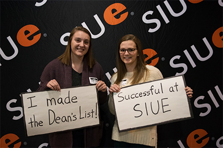 (L-R) Morgan May and Morgan Jacksonville celebrate their Dean's List achievement at the SIUE University Housing Dean's List reception. 