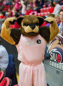 SIUE's Eddie the Cougar dons a pink jersey in support of the 2018 Pink Zone effort.