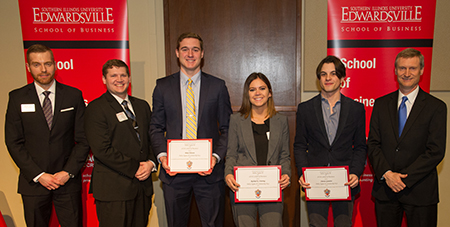 Three students earned the Delta Sigma Pi (DSP) Key Award for achieving a 4.0 GPA. (L-R) Scholarships and Awards Committee member Michael Hair, PhD, DSP President Joseph Bledsoe, student recipients Brian Watson, of Franklin, Rachael Ostertag, of Dupo, Simone Gianette, of Rivoli, Italy, and School of Business Interim Dean Tim Schoenecker, PhD.