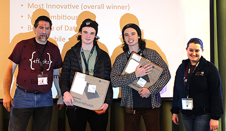 Maryville's Reiser brothers took home the Most Innovative award during SIUE's third annual eHacks event. Standing on their left and right are SIUE organizers Dennis Bouvier, PhD, associate professor of computer science, and Meg Heisler, a senior studying computer science.