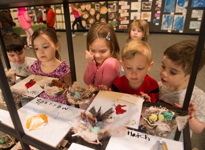 (L-R) Henry, Willow, Norah, Wyatt and Judah gaze at beautiful bird artwork they created during the SIUE Early Childhood Center's 8th Annual Art Exhibit. 