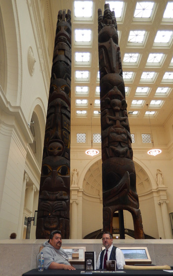 Lummi Coast Salish carver Felix Solomon (L) and SIUE's Gregory Fields, PhD, (R) present at the Field Museum in Chicago. Photo credit: Jay Kemp, 2014