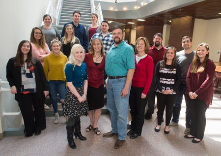 Graduate students in SIUE's industrial-organizational psychology program surround faculty members (front center L-R) Elora Voyles, PhD, Catherine Daus, PhD, program director Joel Nadler, PhD, and Lynn Bartels, PhD.