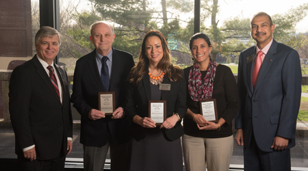  (L-R) SIUE Chancellor Randy Pembrook and the School of Pharmacy's Mike Crider, McKenzie Ferguson, Radhika Devraj, and Dean Gireesh Gupchup.