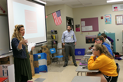 SIUE graduate students and Madison Historical research assistants Lesley Thomson and Brendon Floyd lead a history lesson at Bethalto’s Civic Memorial High School.