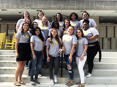 SIUE College Student Personnel Administration graduate student Chelsea Gilles stands (far left front) with fellow student orientation leaders during her summer field placement at Cedar Crest College in Pennsylvania.