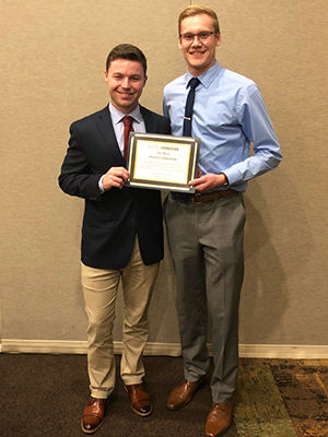 (L-R) SIUE student researchers Brentsen Wolf and Gregory Takacs earned first place for scientific merit at the Illinois Pharmacists Association September meeting.