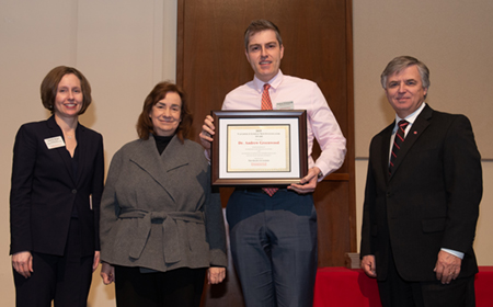 (L-R) SIUE Graduate School Associate Dean for Research and Graduate Studies Susan Morgan, PhD, PE, Sandy Doreson, daughter of the late Dr. Vaughnie Lindsay, Andrew Greenwood, PhD, Vaughnie Lindsay New Investigator Awardee, and SIUE Chancellor Randy Pembrook, PhD.