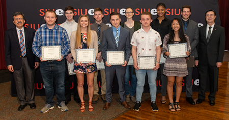 Students from each of the School of Engineering’s degree programs were recognized for achieving the fall 2018 Dean’s List. Standing here are Department of Mechanical Engineering Chair Dr. Majid Molki (far left), SOE Dean Dr. Cem Karacal (far right) and mechanical engineering student honorees.