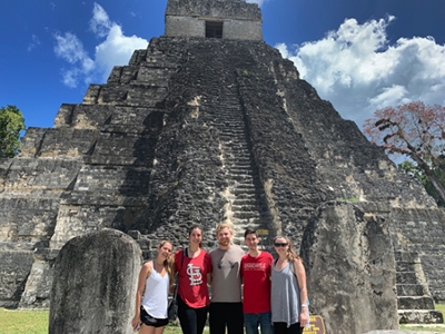 SIUE School of Pharmacy students traveled to the ancient Mayan city of Tikal during a weekend excursion. (L-R) Abbey Rodeghiero, Nikolina Golob, David Felts, Carlos Pardo and Ashley Riley.