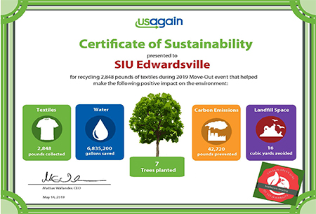 SIUE’s University Housing received a Certificate of Sustainability from USAgain for its efforts to collect excess textiles during spring move-out.