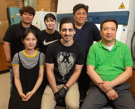 Visiting SIUE from South Korea’s Dongguk University were (back L-R) Dr. Seokhee Lee, Hyeyeoung Seo, Dr. Yooheon Park, and (front L-R) Hyemi Kim. Sitting alongside the research team are SIUE graduate student Carl Namini and Dr. Kyong Sup Yoon.