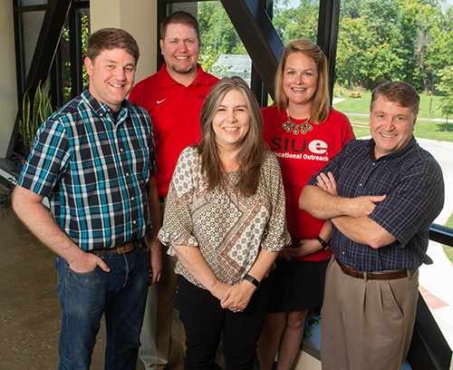 (L-R) Matthew Maas, director of the Environmental Resource Training Center at SIUE; Kevin Tucker, PhD, assistant professor in the Department of Chemistry; Connie Frey Spurlock, PhD, associate professor of Sociology and director of the SIUE Successful Communities Collaborative; Educational Outreach Specialist and Environmental Sciences Doctoral Student Courtney Breckenridge; and Robert Dixon, PhD, associate professor in the Department of Chemistry.