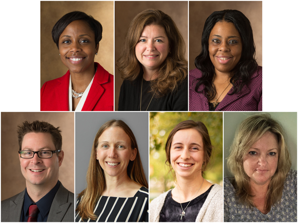SIUE School of Nursing finalists for March of Dimes 2020 Nurse of the. Year Awards (Top L-R) Jerrica Ampadu, Sheri Compton-McBride, Tracy Cooley, (bottom L-R) Kevin Stein, Annie Imboden, student Sydney Kesner, and Nancy Kurilla.