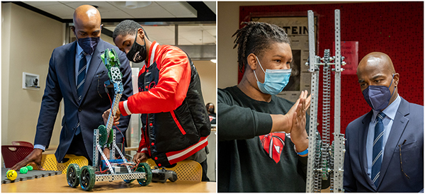 SIUE Chancellor James T. Minor, PhD, observed robotics designed by SIUE East St. Louis Charter High School students Patrick Washington (left) and Nathaniel Brewster (right).     During lunch with CHS students, Minor shakes hands with Kayla Anderson (