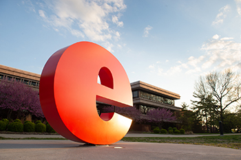 The "e" sculpture on SIUE's campus.