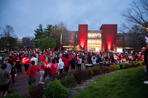 A crowd of supporters gathered for the One Day, One SIUE culminating event which lit the campus red.
