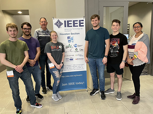 SIUE School of Engineering students and faculty attending the IEEE Region 5 Student Conference in Houston were (L-R) Dexter Elmendorf, Wyatt Marks, Dr. George Engel, Kelsey Haines, William Gallagher, David Mathus and Dr. Amardeep Kaur.