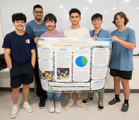 Student participants (L-R) Jack Easley, Juan Rodriguez-Vega, Ben Simpkins, Luis Rivas, Reznor Hartman and Brian Castro complete their project to display at the poster symposium. 