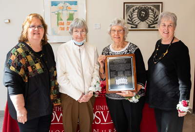 (L-R) Judy Liesveld, PhD, RN, PPCNP-BC, CNE, FAAN, dean of the SON, Class of 1966 graduates Mary Anne Werhle, Sharon Grider and Lynn Ward.