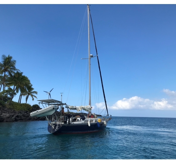 Jenny Decker's boat, a small sailboat with chrome trim, anchored near the shore of a tropical island with palm trees