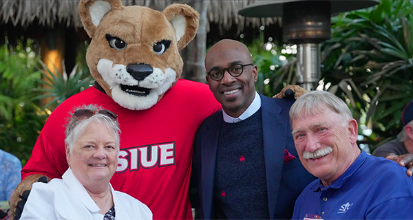 Dr Minor and Eddie the Cougar and SIUE Alum at Spring Training