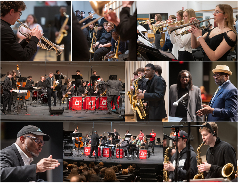Collage of jazz musicians on SIUE campus