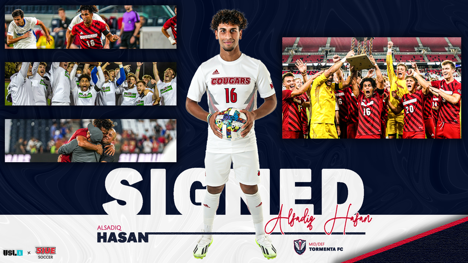 graphic composite of hasan and action shots of him playing soccer with "Signed" graphic