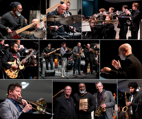 “Composite of SIUE Jazz alumni performing on stage, including bass, drums, guitar, trumpet, trombone and saxophone players, along with a conductor and an award presentation.”