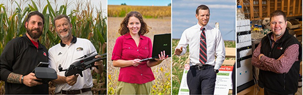 Researchers involved in the Illinois drinking water survey. This is an image composite of four photos: Josh Pritsolas and Randy Pearson in cornfield, Carrie Butts-Wilmsmeyer holding a laptop, Nicholas Heller at a worksite, and Kevin Tucker in a lab.