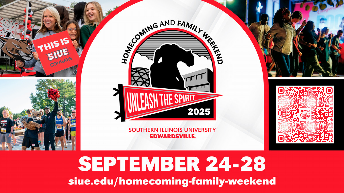 Graphic of Homecoming 2025 celebrations. September 24-28, siue.edu/homecoming-family-weekend and has photos from last year
