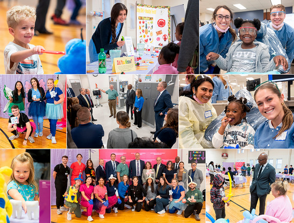 Grid of photos of children seeing dentists tooth fairies and Illinois lawmakers touring the facilities