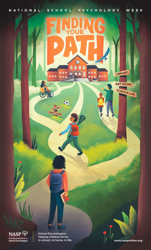 Flyer for "Finding Your Path" which shows people winding around in a forest in front of a school