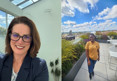 Photos of Jolene Sherman and Gifty Acheampomaa outside the Wedge Innovation Center