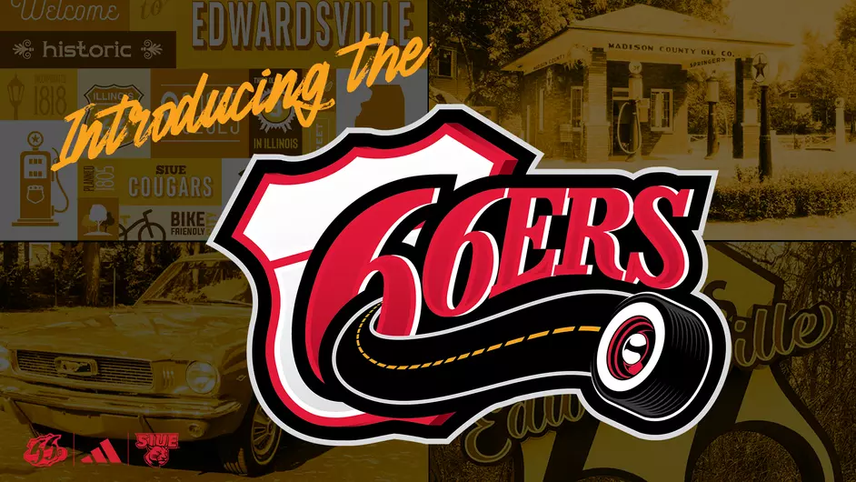 Graphic announcing SIUE’s ‘66ers’ concept, featuring a bold red and black logo shaped like a highway shield with a tire forming the number 66. The background includes vintage-style images of Edwardsville landmarks, retro cars, and historic sites
