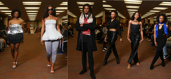 Collage of photos of student models walking runway toward camera