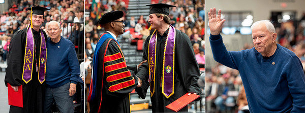 Three photos side by side of Zoelzer grandfather grandson and Dr Minor handshake with grandson