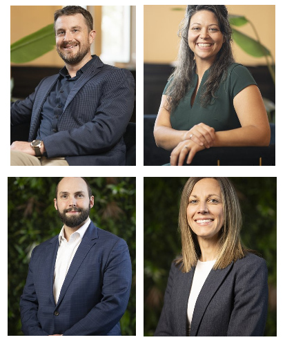 Composite image of four professionally dressed alumni posed for individual portrait photos against neutral indoor and greenery backdrops.