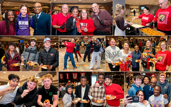 Collage of photos with servers plates of food and smiling students