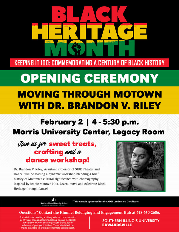 Promotional flyer for Moving Through Motown Black History Month event at SIUE 4pm on Monday Feb 2