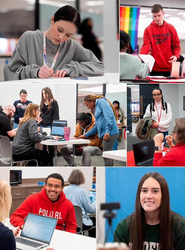 A collage of students receiving one-on-one support and completing enrollment tasks during Centralized Enrollment Services in the Morris University Center.
