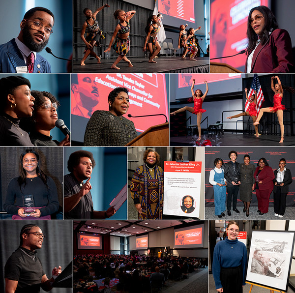 Collage of several photos showing the celebration of culture with dancing, Dr. Shabazz speaking at a lectern, Cordell Phillips addressing guests in the Meridian Ballroom and award recipients posing for photos.