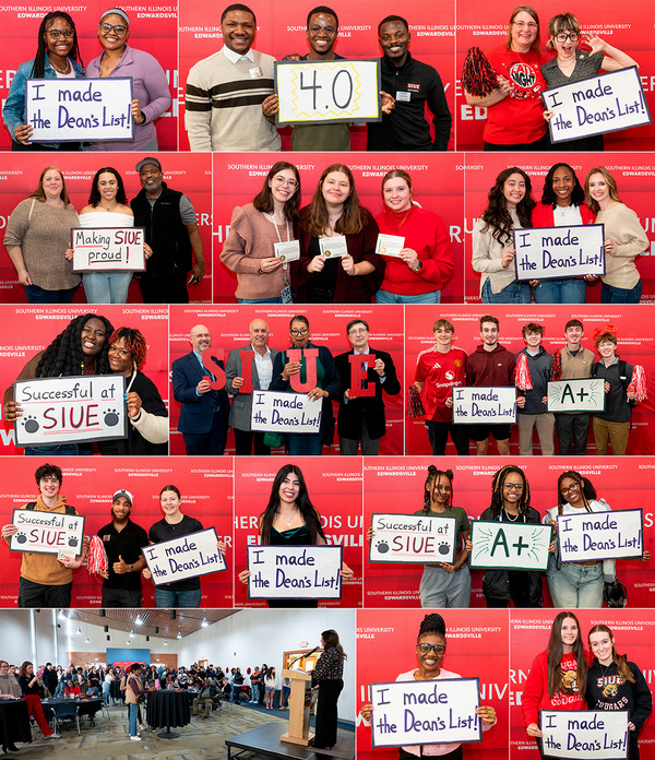 Collage of students and families holding signs saying they made the Deans List