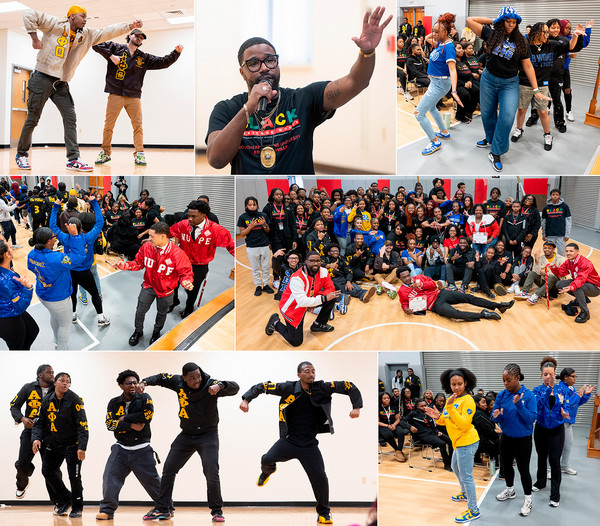 Collage of photos of fraternities and sororities dancing and Sgt Kasey Hoyd at the microphone