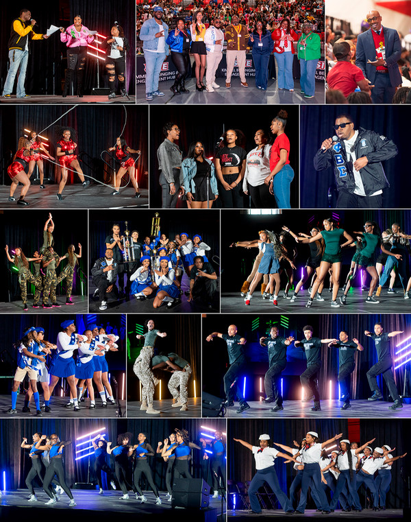 Collage of photos of students in step show competition