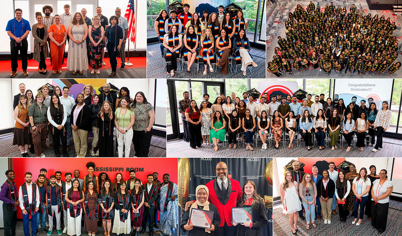 Collage of people posing wearing cords and stoles as graduates in different ceremonies 