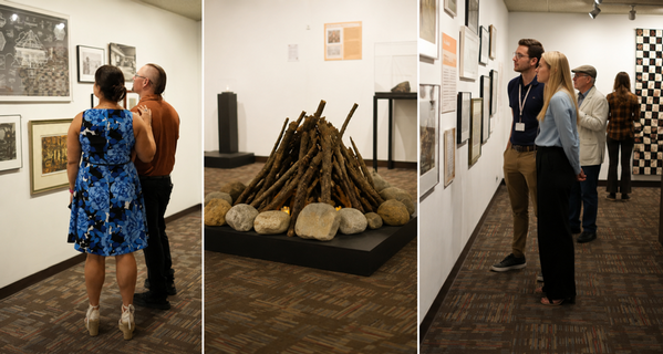 Composite image of visitors viewing artwork during a gallery exhibition. Guests study framed pieces displayed throughout the gallery, while the center panel features a sculptural installation resembling a campfire made from stacked wood and stones.