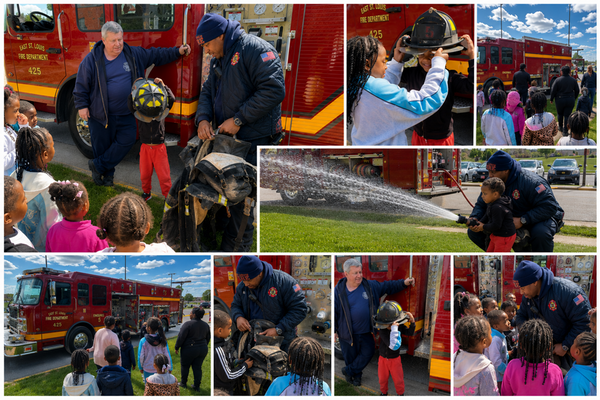 Composite image of children participating in a fire safety program with firefighters from the East St. Louis Fire Department outside the Learning Resource Center. Students explore a fire truck, try on firefighter helmets and use a fire hose.
