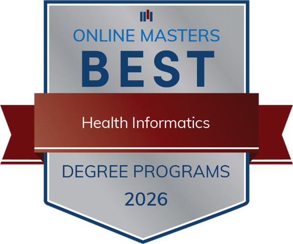 Digital badge for OnlineMasters.com Best Health Informatics Degree Programs 2026 featuring a stainless steel look with a red ribbon